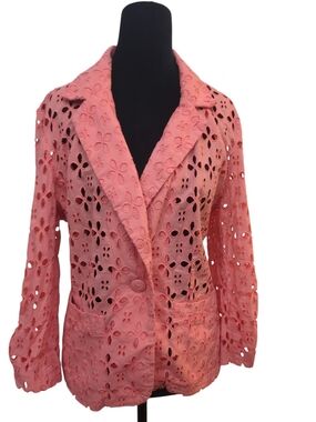 Madison Leigh Coral Blazer XL Floral Cutout Cotton Statement Blazer Cottagecore